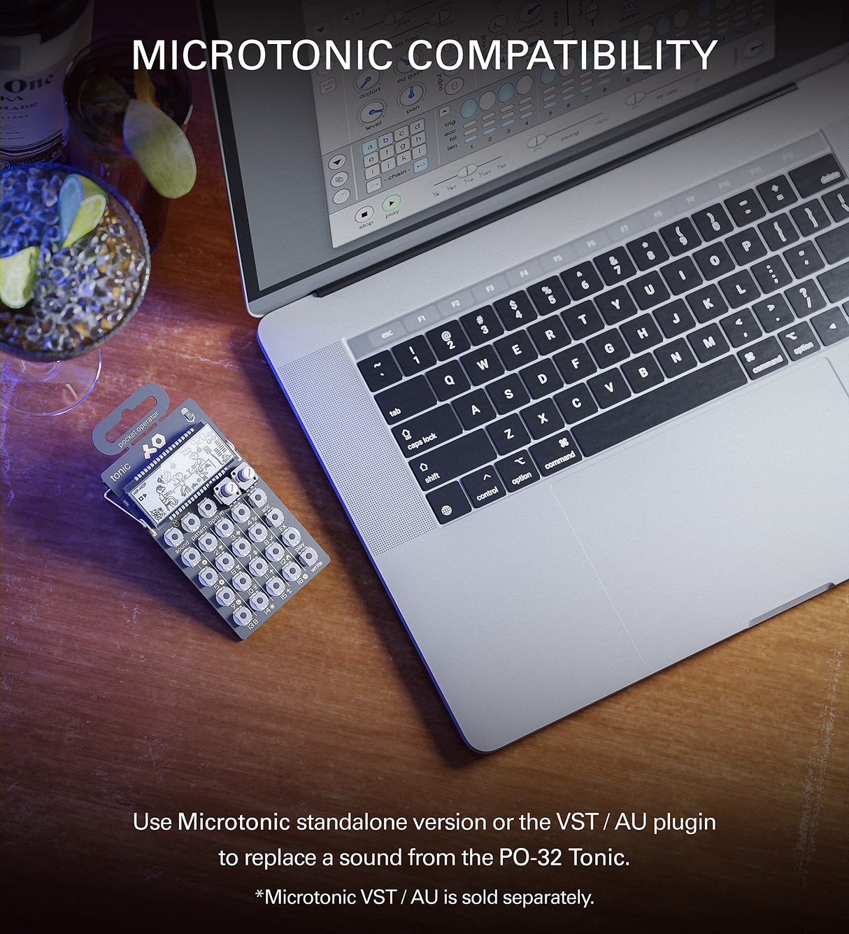 teen age engineering PO-32 Pocket Operator Tonic Drum Synth Bundle with Blucoil 3-Pack of 7" Audio Aux Cables, and 4 AAA Batteries