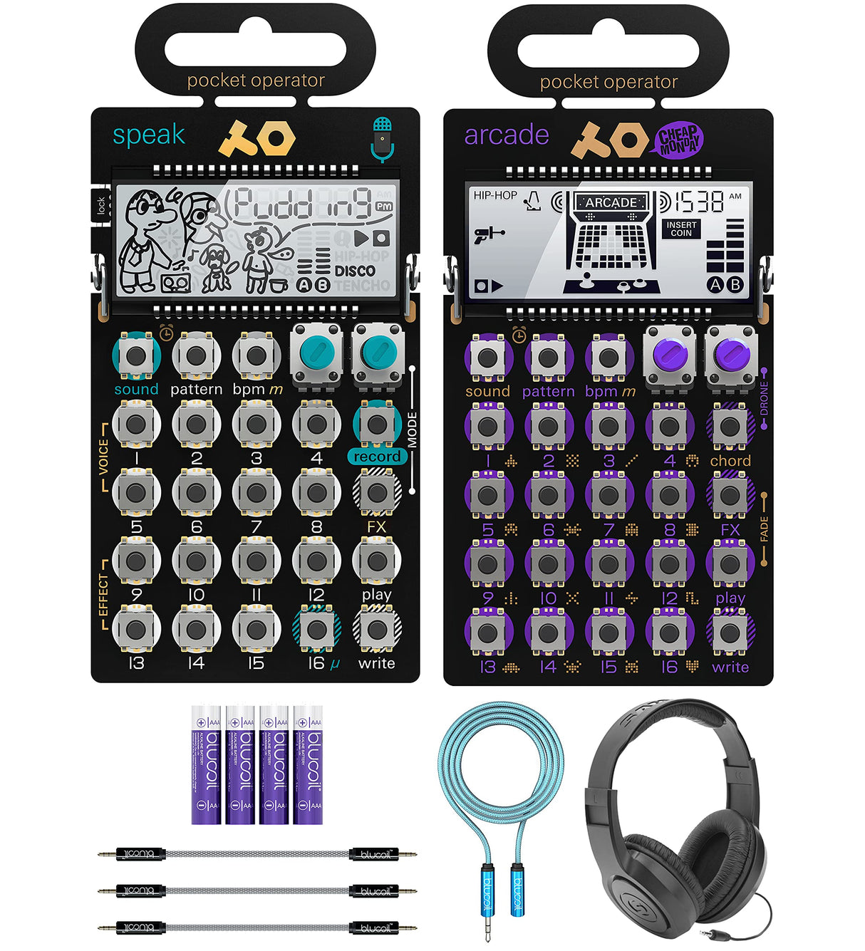 teen age engineering Pocket Operator PO-35 Speak Vocal Synthesizer Bundle with PO-20 Arcade Synthesizer, Samson SR350 Headphones, Blucoil 6' 3.5mm Extension Cable, 4 AAA Batteries, 3x 7" AUX Cables