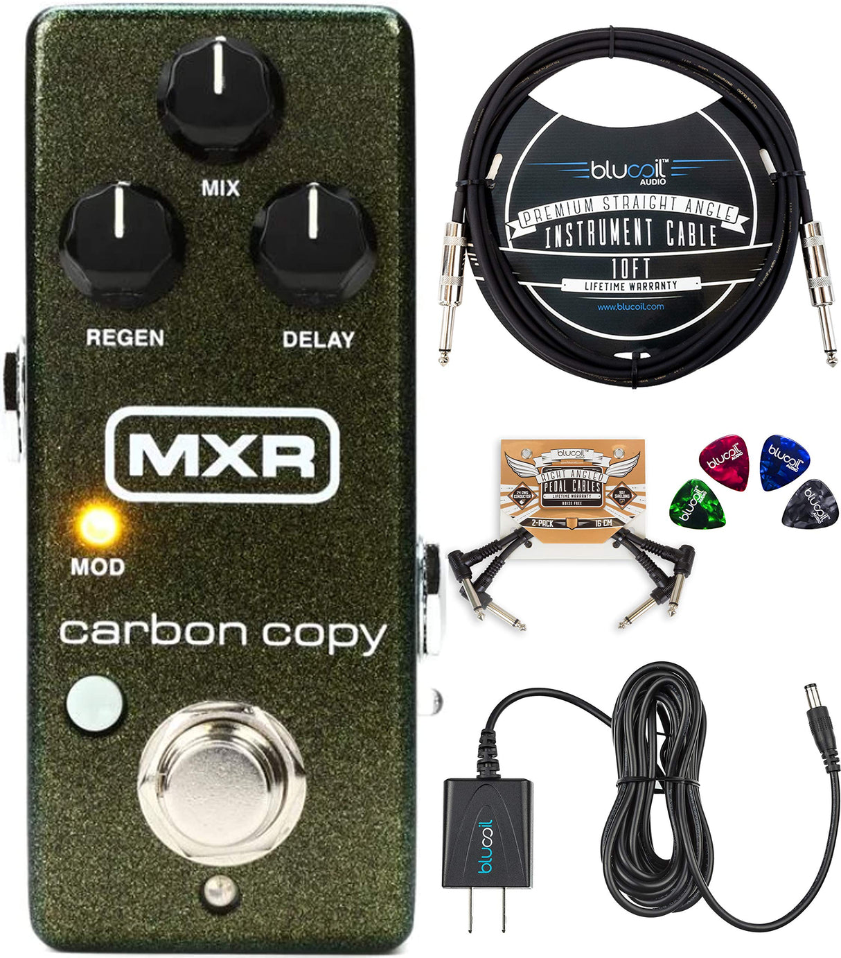 MXR M299 Carbon Copy Mini Analog Delay Pedal with True Bypass Bundle with Blucoil Slim 9V Power Supply AC Adapter, 10-FT Straight Instrument Cable (1/4in), 2x Patch Cables, and 4x Guitar Picks