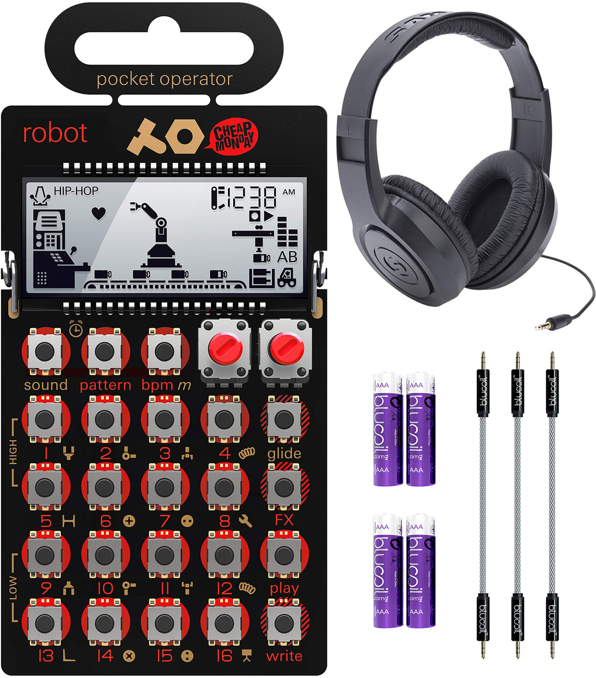 teen age engineering PO-28 Pocket Operator Robot Lead Synthesizer/Sequencer Bundle with Samson SR350 Over-Ear Closed-Back Headphones, Blucoil 3-Pack of 7" Audio Aux Cables, and 4 AAA Batteries