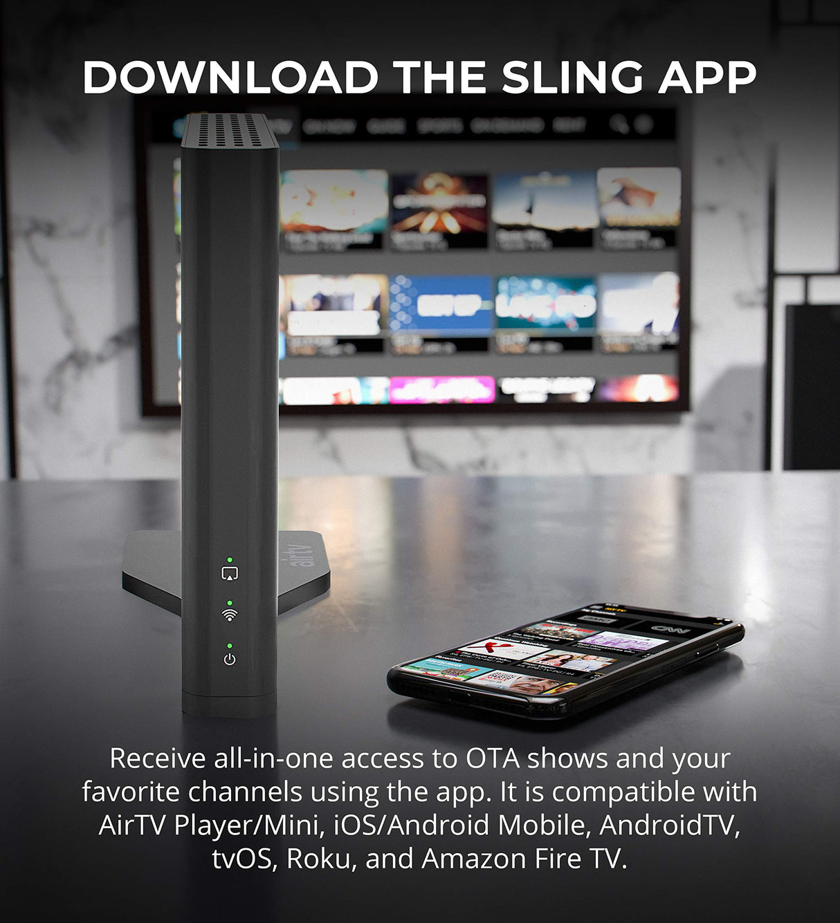 AirTV 2 Dual OTA TV Tuner with Integrated DVR - iOS, Android, Roku Compatible Bundle with Blucoil 2-Way TV Coaxial Cable Splitter, 10-FT Cat5e Cable, and 5X Cable Ties | Bonus $25 Sling TV Credit