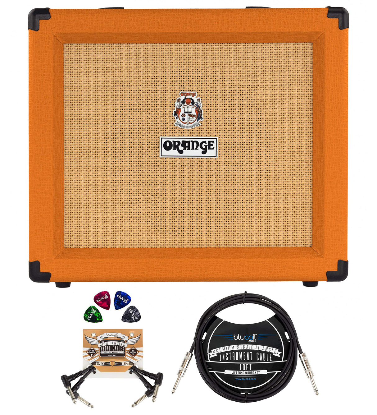 Orange Amps Crush 35RT 35W 1x10 Guitar Combo Amplifier (Orange) Bundle with Blucoil 10-FT Straight Instrument Cable (1/4in), 2-Pack of Pedal Patch Cables, and 4-Pack of Celluloid Guitar Picks
