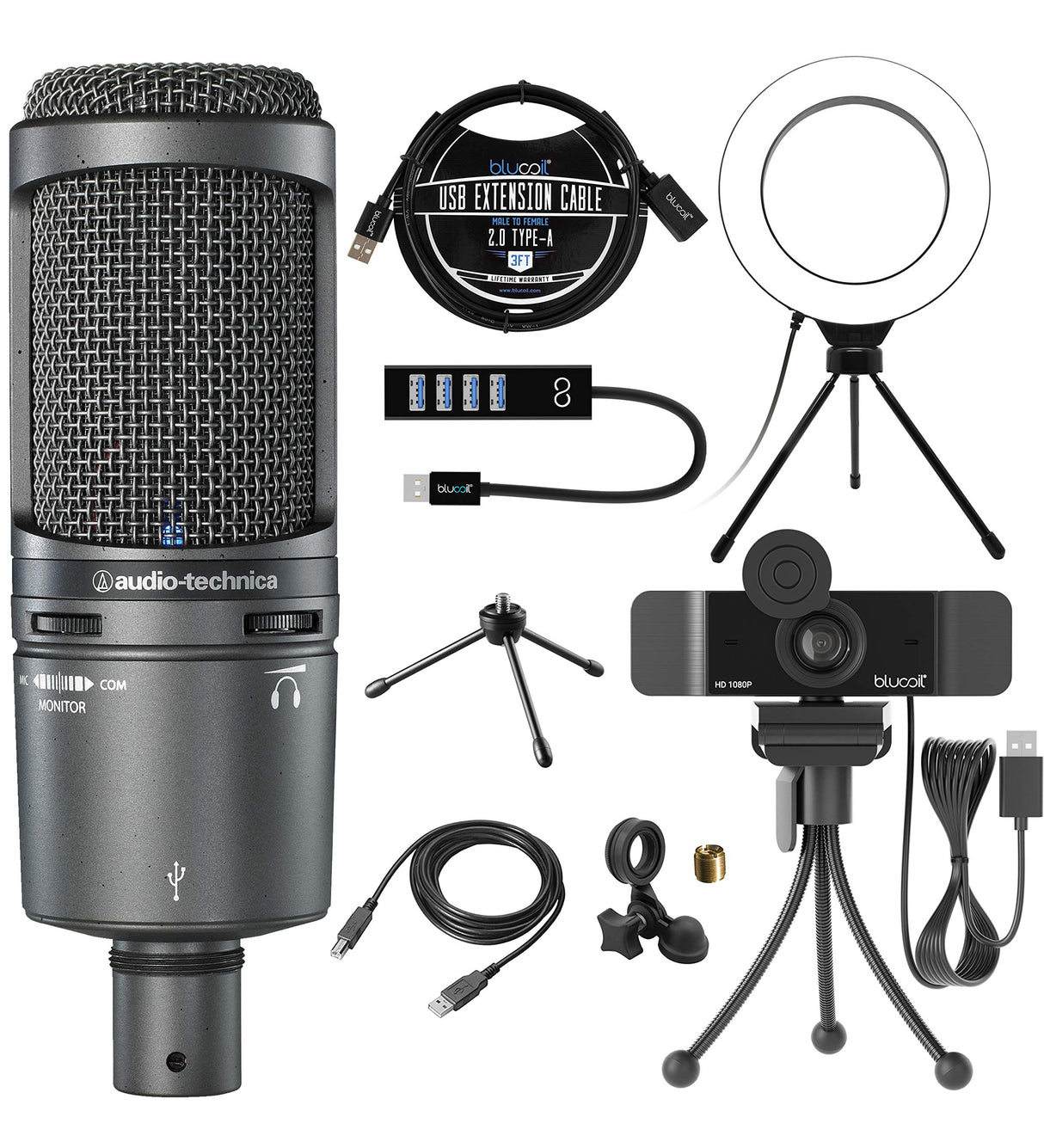 Audio-Technica AT2020USB+ Cardioid Condenser USB Microphone with Built-In Headphone Jack & Volume Control Bundle with Blucoil 1080p USB Webcam, 6" Ring Light, USB-A Mini Hub and 3' USB Extension Cable