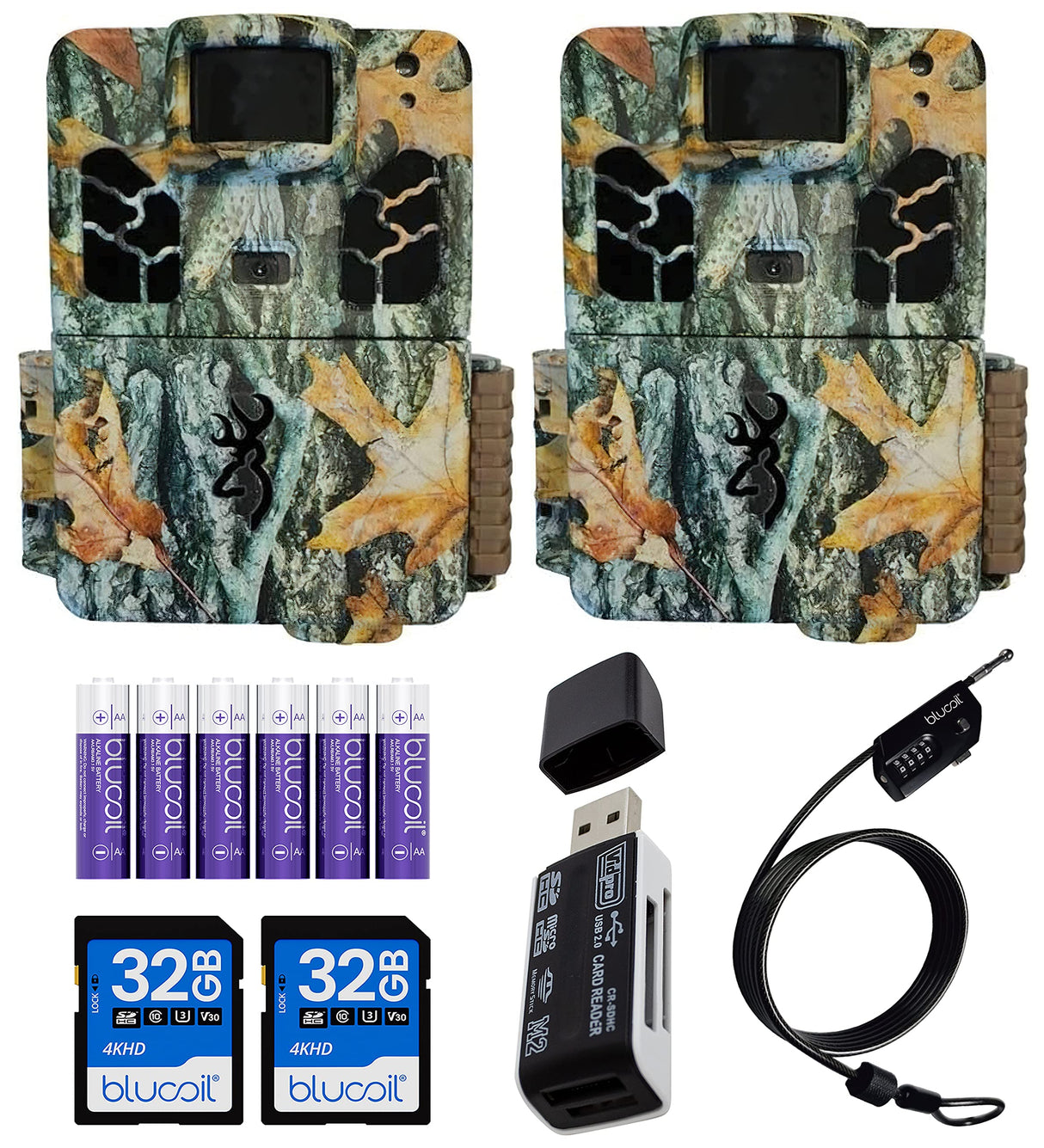 Browning BTC-6HDPX Dark Ops HD Pro X Trail Cameras for Outdoor Surveillance (2-Pack) Bundle with Blucoil 32GB SDHC Cards (2-Pack), 6.5-FT Combination Cable Lock, 6 AA Batteries, and VidPro Card Reader