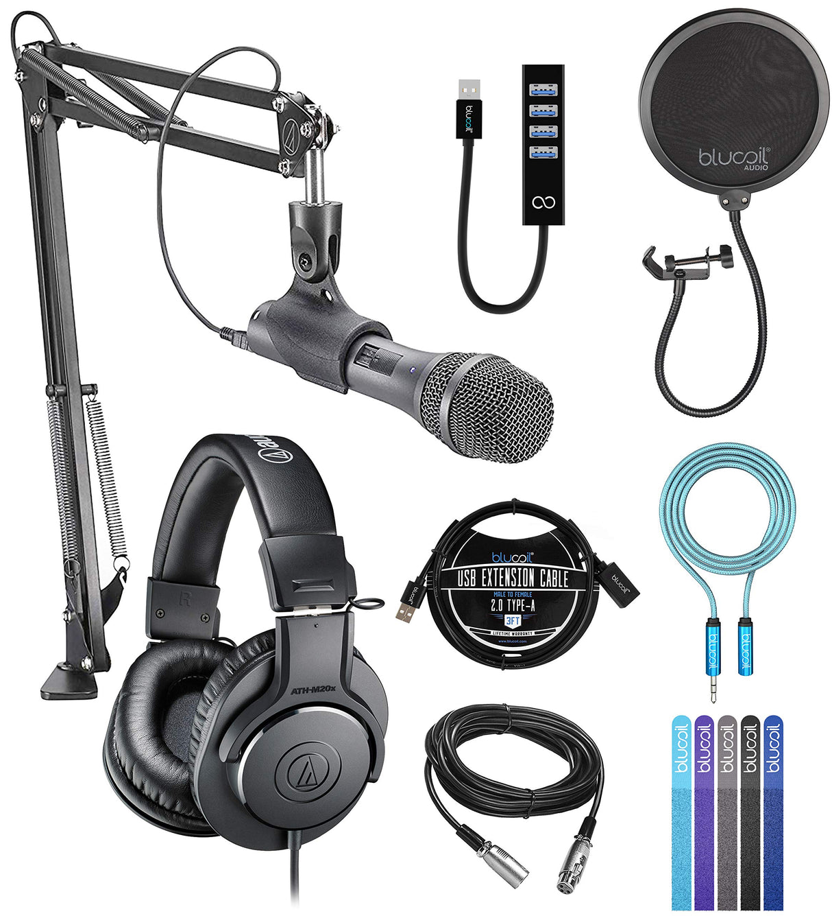 blucoil Audio Technica AT2005USBPK Vocal Microphone Pack for Streaming/Podcasting Bundle USB-A Mini Hub, Pop Filter Windscreen, 5X Cable Ties, 6' 3.5mm Extension Cable and 3' USB Extension Cable