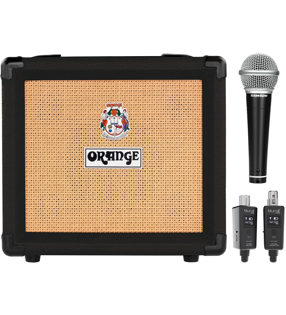 Orange Amplifiers Crush12 12W 1x6 Guitar Combo Amp (Black) Bundle with Blucoil Wireless Mic System, and Samson R21S Dynamic Microphone