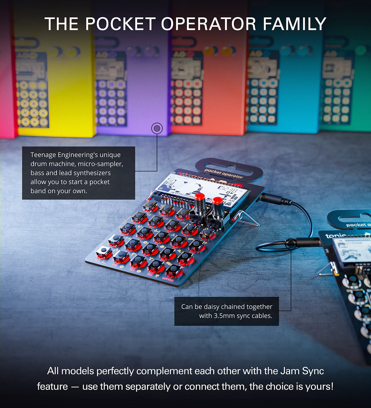 teen age engineering PO-28 Pocket Operator Robot Lead Synthesizer/Sequencer Bundle with Samson SR350 Over-Ear Closed-Back Headphones, Blucoil 3-Pack of 7" Audio Aux Cables, and 4 AAA Batteries