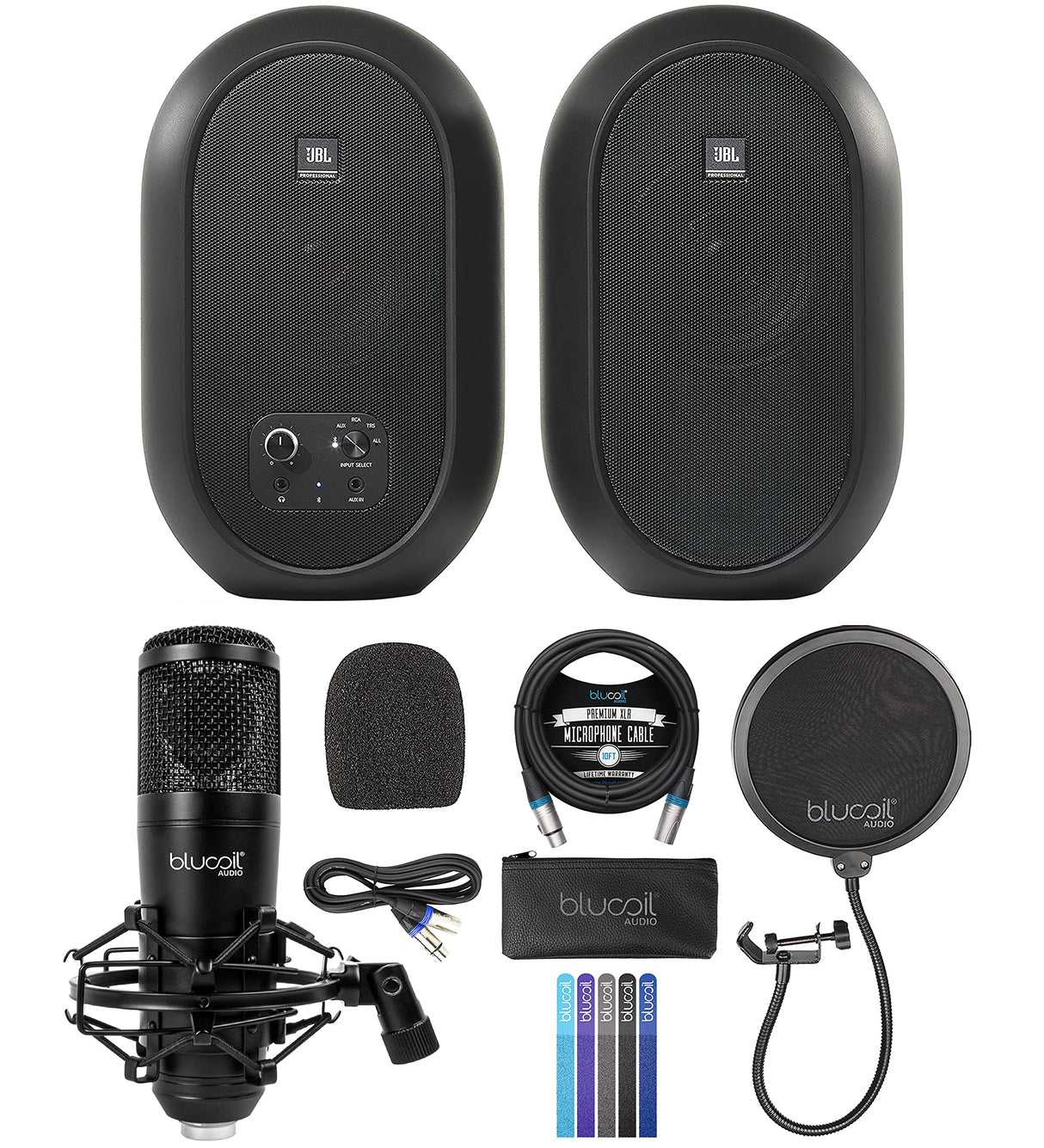 blucoil JBL Professional 1 Series 104-BT Compact Desktop Reference Monitors with Bluetooth, Black, Sold as Pair Bundle Condenser XLR Microphone, Pop Filter, 10' XLR Cable and 5X Cable Ties