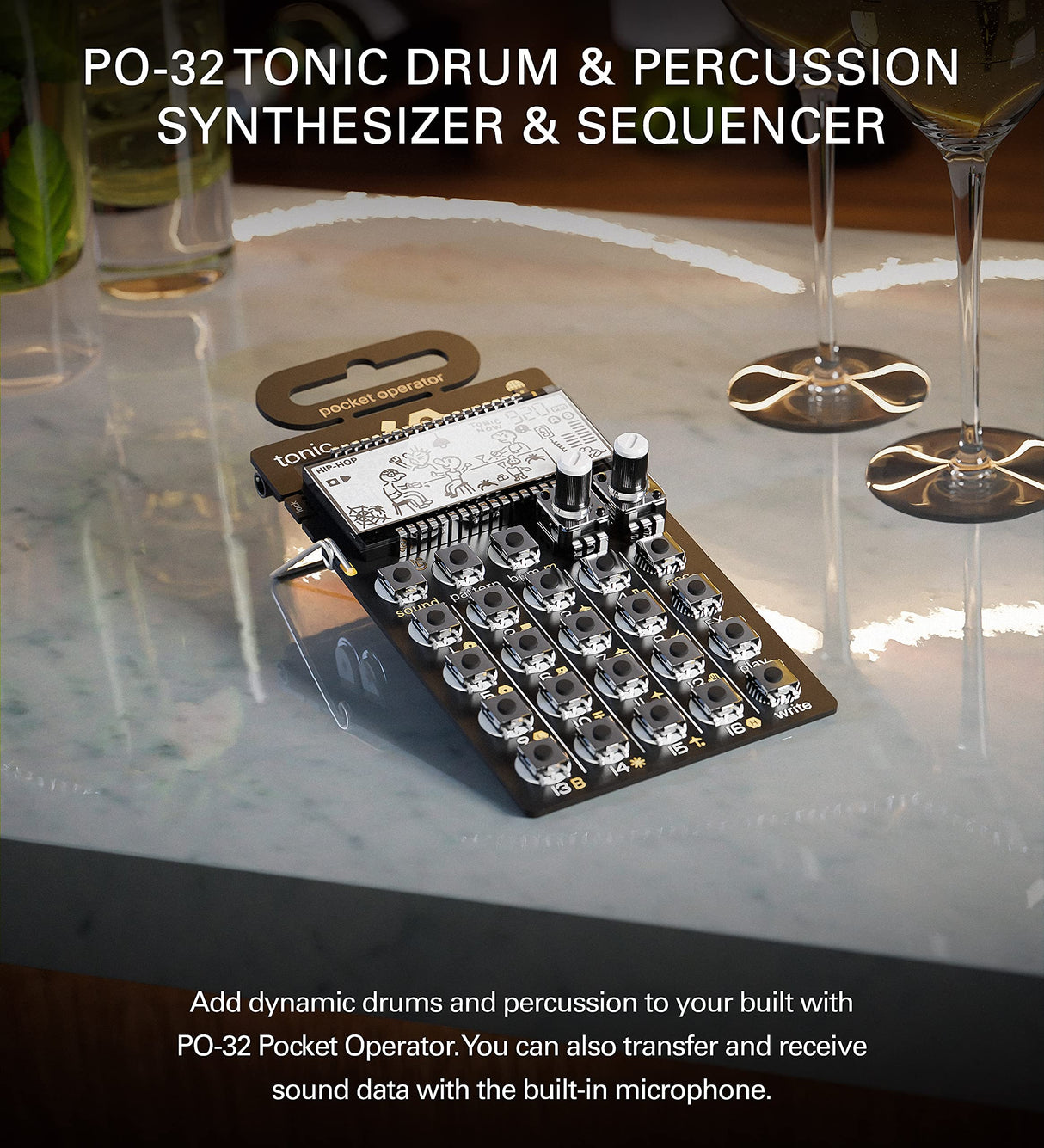 teen age engineering PO-32 Pocket Operator Tonic Drum Synth Bundle with Blucoil 3-Pack of 7" Audio Aux Cables, and 4 AAA Batteries
