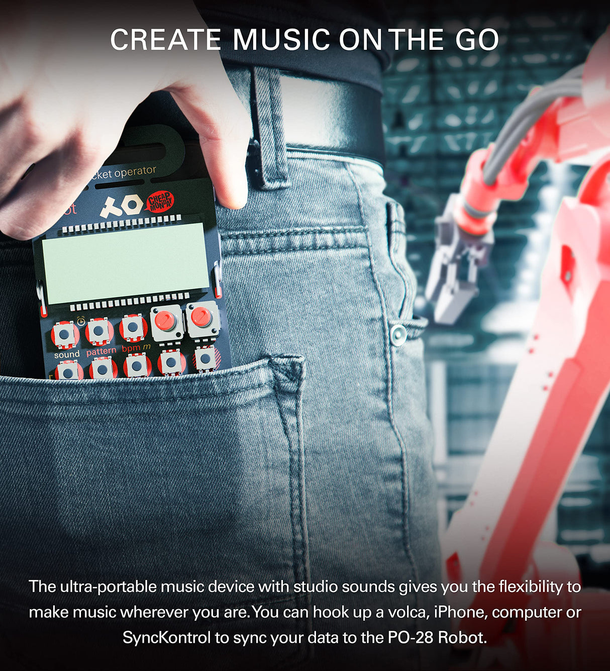 teen age engineering PO-28 Pocket Operator Robot Lead Synthesizer/Sequencer Bundle with Samson SR350 Over-Ear Closed-Back Headphones, Blucoil 3-Pack of 7" Audio Aux Cables, and 4 AAA Batteries