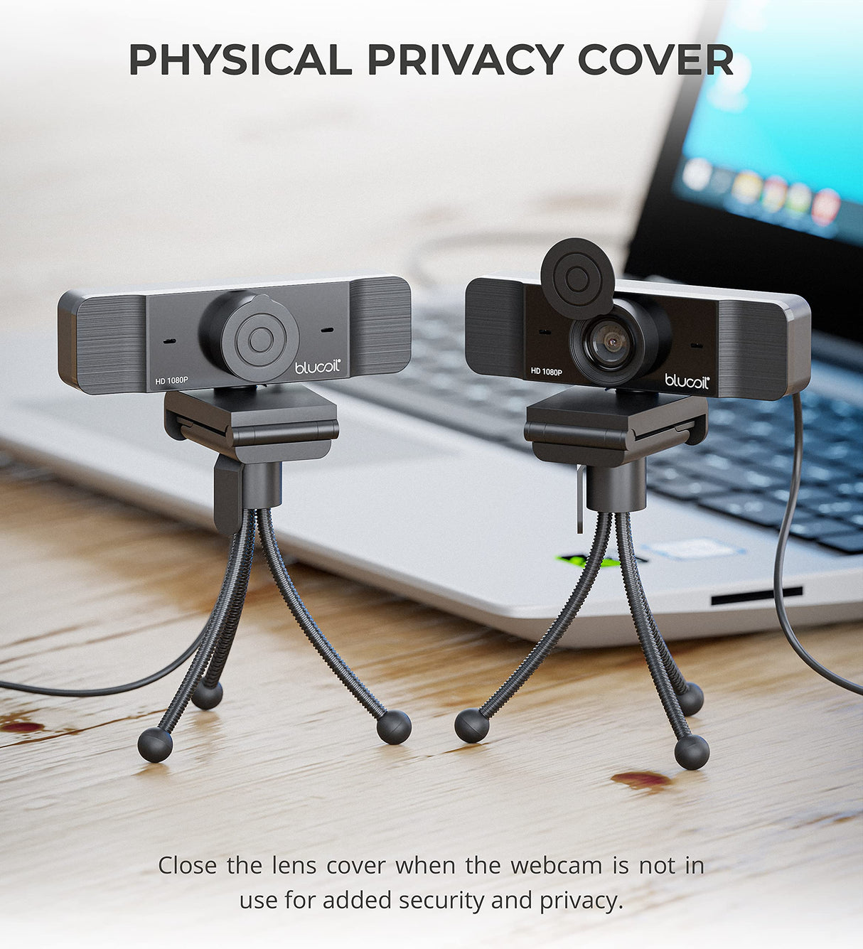 blucoil Full HD 1080p USB Webcam with Built-in Microphone, Low Light Correction, Wide Angle, Lens Cover and Tripod - for Desktop, Laptop, Windows, Mac, Video Conferencing, Live Streaming, and Gaming