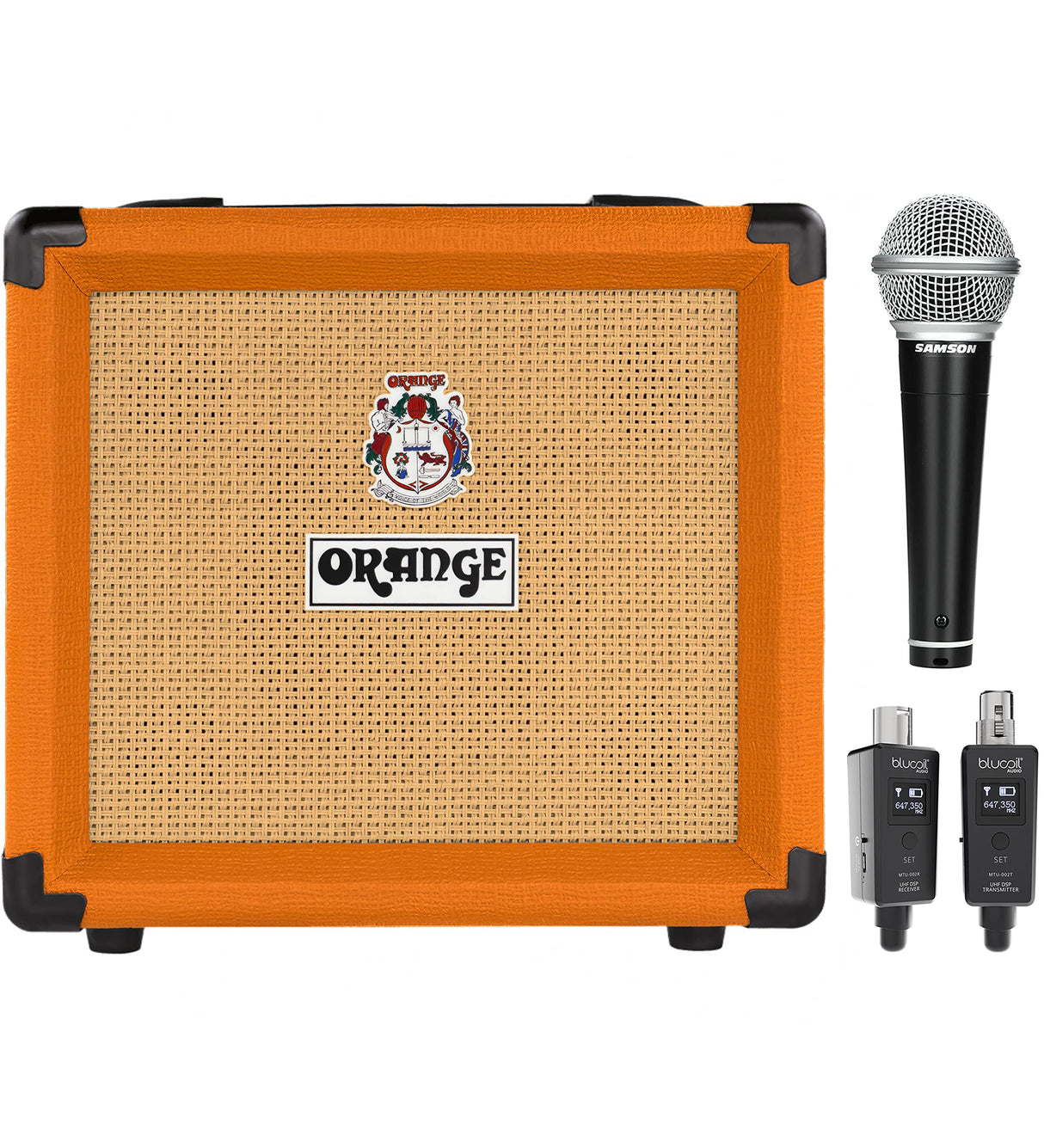 Orange Amplifiers Crush12 12W 1x6 Guitar Combo Amp (Orange) Bundle with Blucoil Wireless Mic System, and Samson R21S Dynamic Microphone