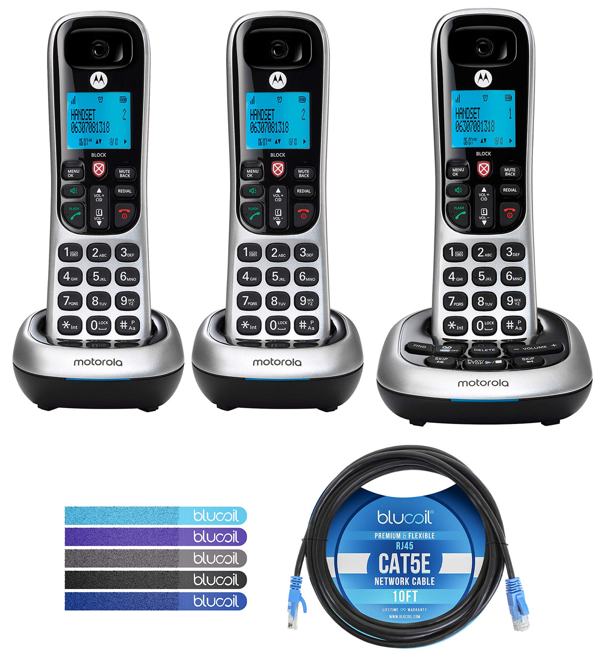 Motorola CD4013 DECT 6.0 Cordless Phones with Digital Answering Machine and Call Block (3-Pack) Bundle with Blucoil 10-FT 1 Gbps Cat5e Cable, and Reusable Cable Ties (5-Pack)