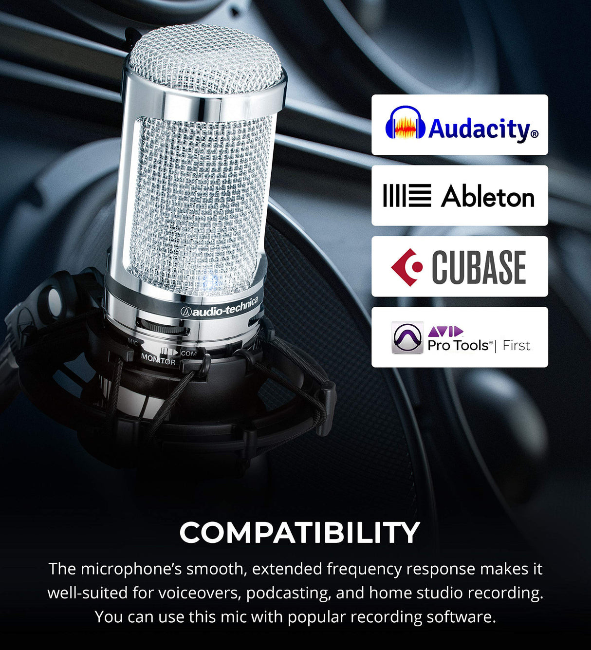 Audio-Technica AT2020USB+V Limited Edition Condenser Microphone (Chrome) Bundle with U-PHORIA UM2 USB Audio Interface, Blucoil Boom Arm Plus Pop Filter, 3' USB Extension Cable, and 5X Cable Ties