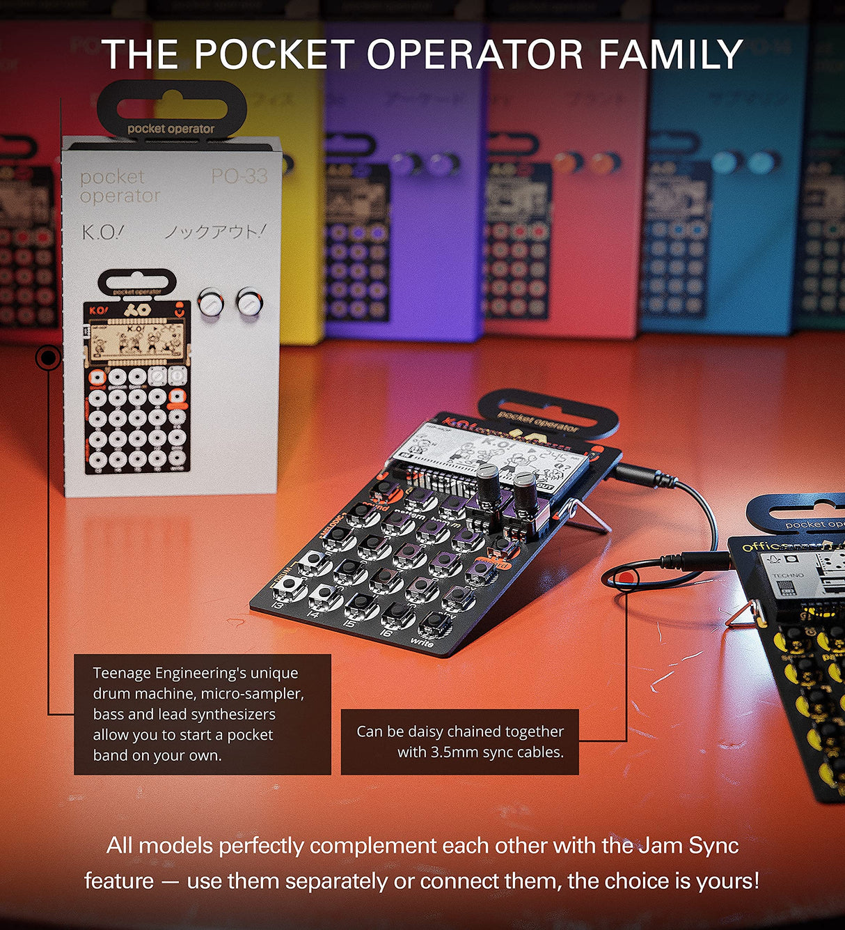 teen age engineer ing PO-33 Pocket Operator KO Sampler/Sequencer Bundle with Samson SR350 Over Ear Stereo Headphones, Blucoil 3-Pack of 7" Audio Aux Cables, and 4 AAA Batteries