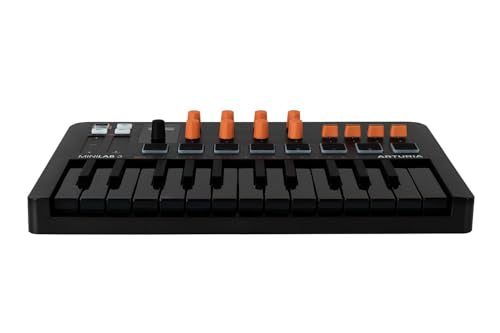 Arturia MiniLab 3, 25 Slim-Key USB-C Midi Controller with 5-Year Warranty, 8 Backlit LED Pads, 8 Knobs, 4 Faders, Midi Out, Built-in Arpeggiator, Chord mode and Software Bundle