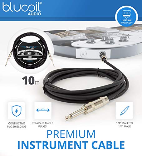 blucoil 2-Pack of 10-FT Straight Instrument Cables with Premium 1/4" Male to 1/4" Male Connectors for Guitars, Bass, Keyboards, Preamps, and Amplifiers