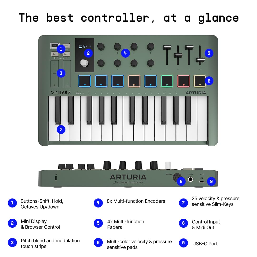 Arturia MiniLab 3 — Limited Edition Mint Green 25 Key USB MIDI Keyboard Controller With 8 Multi-Color Drum Pads, 8 Knobs and Music Production Software Included