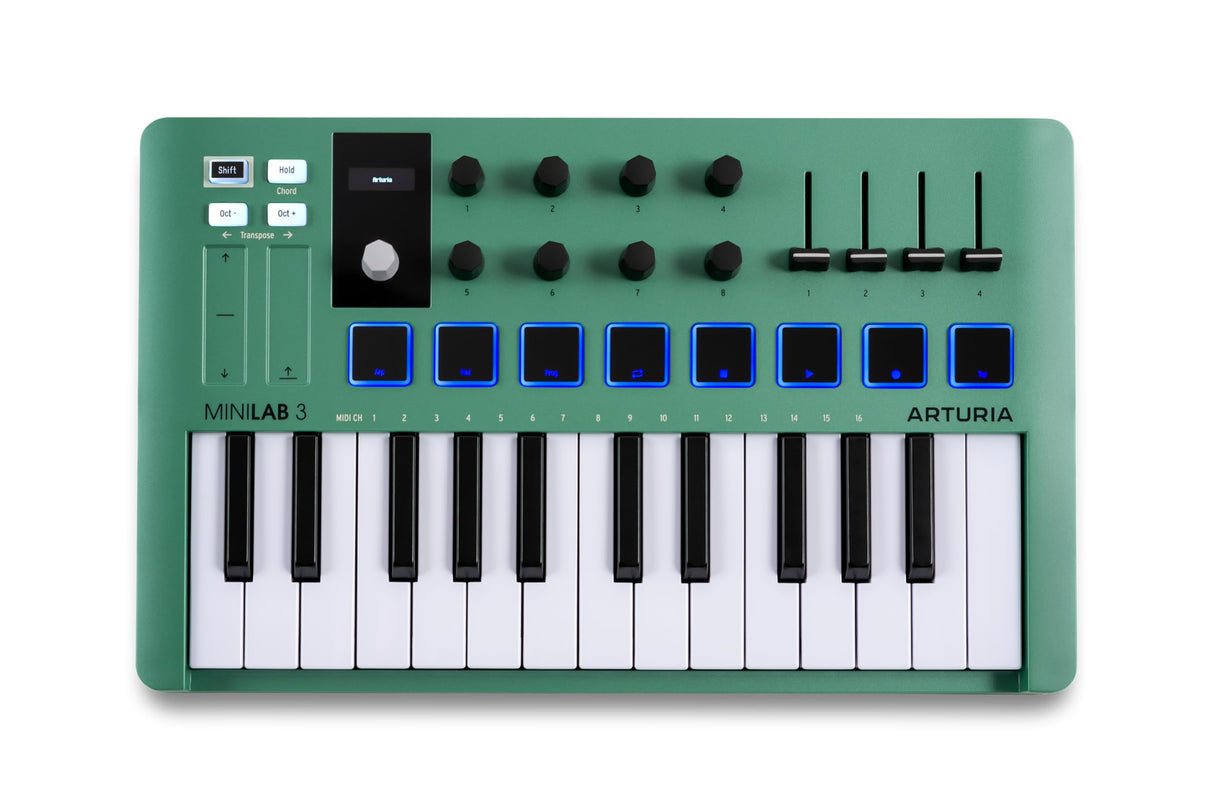 Arturia MiniLab 3 — Limited Edition Mint Green 25 Key USB MIDI Keyboard Controller With 8 Multi-Color Drum Pads, 8 Knobs and Music Production Software Included