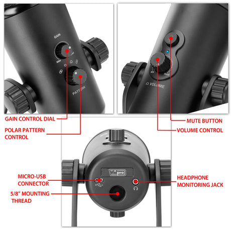 Vidpro XM-USB Studio Recording USB Stereo Microphone for Windows and Mac Computers. Durable Metal Design with Desktop Stand for Broadcast, Recording Artists, Singers, Musicians and Interviews