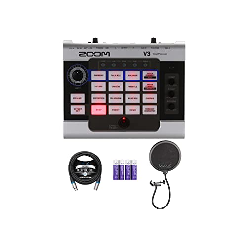 Zoom V3 Multi-Effects Vocal Processor with USB 2.0 Audio Interface and 48V Phantom Power Bundle with Blucoil 10-FT Balanced XLR Cable, 4 AA Batteries, and Pop Filter Windscreen