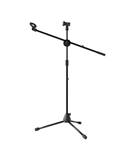 Blucoil Adjustable Microphone Stand with 2.3' - 4.1' Height, Rotating Boom Arm, Tripod Base, Dual Mic Clips - Compatible with AKG, Audio Technica, MXL, Samson, Blue Mic, sE Electronics, and More