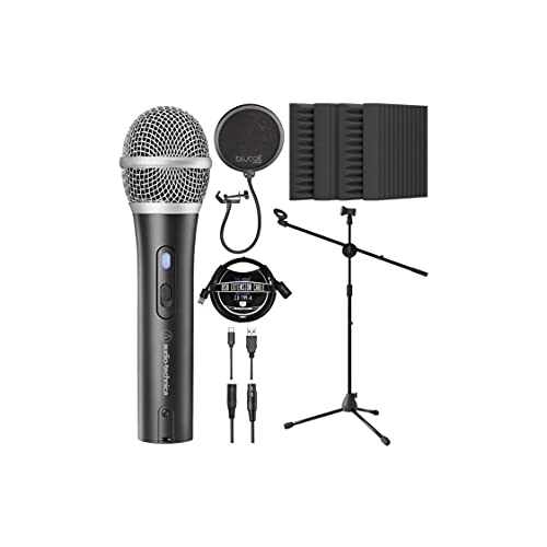 Audio-Technica ATR2100x-USB Cardioid Dynamic Microphone (ATR Series) for Windows & Mac Bundle with Blucoil 3' USB Extension Cable, Pop Filter, Adjustable Mic Stand, and 4X 12 Acoustic Wedges