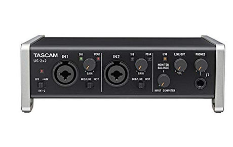 TASCAM US-2x2 USB Audio/MIDI Interface for Windows, Mac, iOS Bundle with Audio-Technic a AT2020 Cardioid Condenser Microphone, Blucoil 10-FT Balanced XLR Cable, and Pop Filter Windscreen