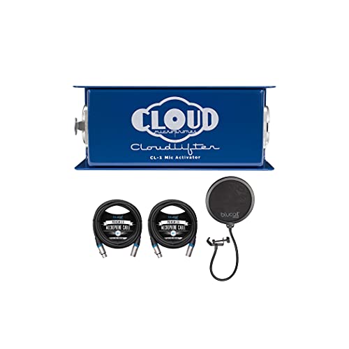 Cloud Microphones CL-1 Cloud Lifter 1 Channel Mic Activator for Dynamic/Ribbon/Tube Microphone Bundle with Blucoil 2-Pack of 10-FT Balanced XLR Cables, and Pop Filter Windscreen