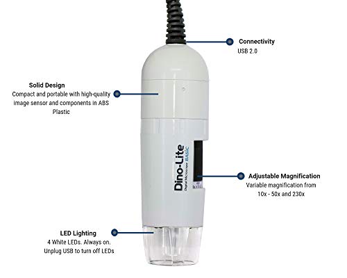 Dino-Lite USB Handheld Digital Microscope, 10x-220x Magnification 0.3MP/1.3MP/5.0MP True Resolution, Windows/Mac Software Included