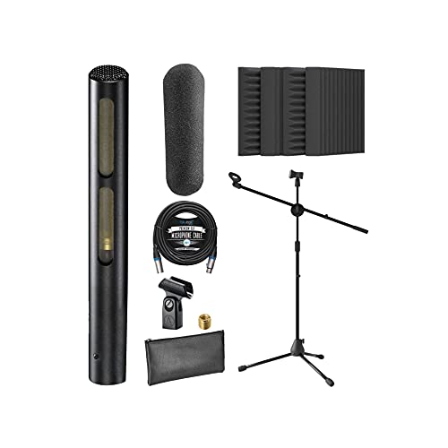 Audio-Technica AT875R Line/Gradient Shotgun Condenser Microphone for Video Productions & Broadcasts Bundle with Blucoil 20-FT Balanced XLR Cable, Adjustable Mic Stand, and 4X 12 Acoustic Wedges