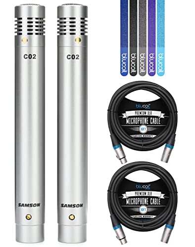 Samson C02 Pencil Condenser Microphones (Pair) for Acoustic Guitar, Piano, Overhead Drum Kit, Hi-Hat Bundle with 2-Pack of Blucoil 10-FT Balanced XLR Cables, and 5-Pack of Reusable Cable Ties