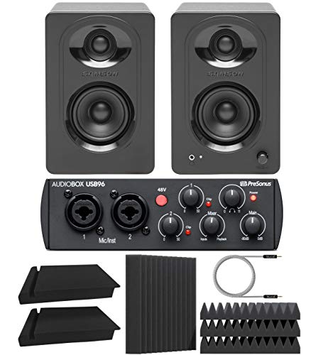 PreSonus AudioBox USB 96 25th Anniversary Audio Interface for Windows and Mac Bundle with Samson MediaOne M30 Studio Monitors, Blucoil 2x Isolation Pads, 5' Aux Cable, and 4x 12" Acoustic Wedges