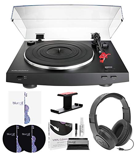 Audio-Technica AT-LP3BK Automatic Belt-Drive Stereo Turntable (Black) Bundle with Blucoil Vinyl Cleaning Kit, Turntable Slipmat, LP Inner Sleeves, Headphone Hook, and Samson SR350 Headphones