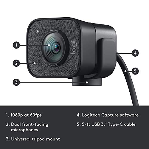 blucoil Logitech StreamCam - Live Streaming Webcam for YouTube & Twitch, Full 1080p HD 60fps, USB-C Connection, AI-Enabled Facial Tracking Bundle 6" Dimmable Selfie Ring Light, and USB-A Mini Hub