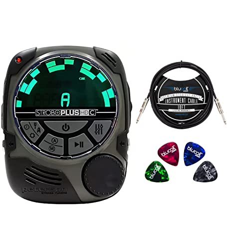 Peterson StroboPlus HDC Chromatic Handheld Strobe Tuner - Windows and Mac Compatible Bundle with Blucoil 10' Straight Instrument Cable (1/4") and 4-Pack of Celluloid Guitar Picks