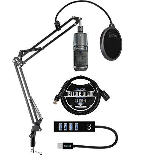 blucoil Audio Technica AT2020USB+ Cardioid Condenser USB Microphone with Built-in Headphone Jack & Volume Control Bundle Boom Arm Plus Pop Filter, 3' USB Extension Cable, and USB-A Mini Hub