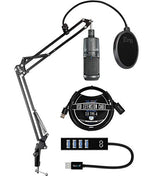 blucoil Audio Technica AT2020USB+ Cardioid Condenser USB Microphone with Built-in Headphone Jack & Volume Control Bundle Boom Arm Plus Pop Filter, 3' USB Extension Cable, and USB-A Mini Hub