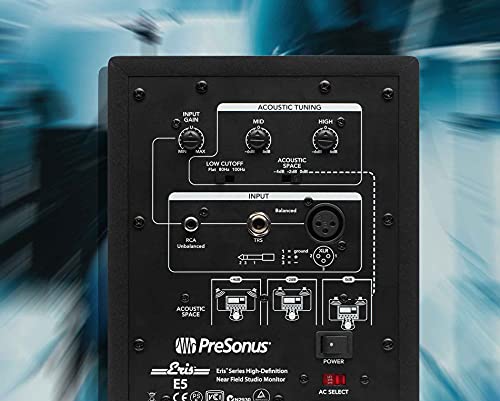 PreSonus Eris E5 2-Way 5.25" Near Field Studio Monitor, Single (Black) - RCA, 1/4" TRS, XLR Connectors Bundle with Blucoil 10' Straight Instrument Cable (1/4"), and 2-Pack of Acoustic Isolation Pads