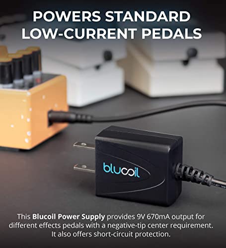 Blucoil 9V 670mA Power Supply with Slim US Plug AC Adapter Center Negative (2 Pack) - Compatible with BOSS, Behringer, DigiTech, Dunlop, MXR, Nobels, NUX, Roland, TC Electronic, Xotic