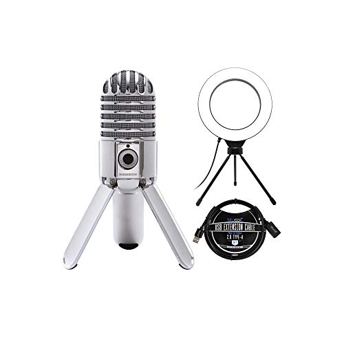 Samson Meteor Mic USB Studio Condenser Microphone with Mute Switch for Windows, Mac (Chrome) Bundle with Blucoil 6" Dimmable Selfie Ring Light, and 3-FT USB 2.0 Type-A Extension Cable