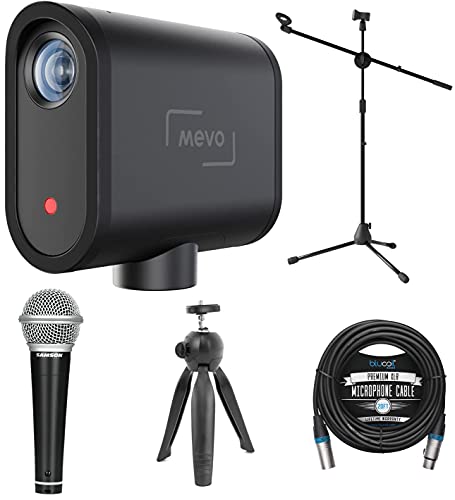 blucoil Mevo Start Wireless Live Streaming Camera 1080p HD Video Quality Bundle with Samson R21S Dynamic Microphone, Adjustable Mic Stand, 20' XLR Cable, and Vidpro TT-6 Table-Top Tripod