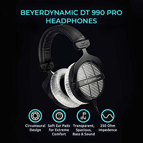 blucoil Beyerdynamics DT 990 PRO 250 Ohm Open Studio Headphones for Studio Mixers and Audio Interfaces Bundle Aluminum Dual Suspension Headphone Hanger, and Y Splitter Cable for Audio and Mic