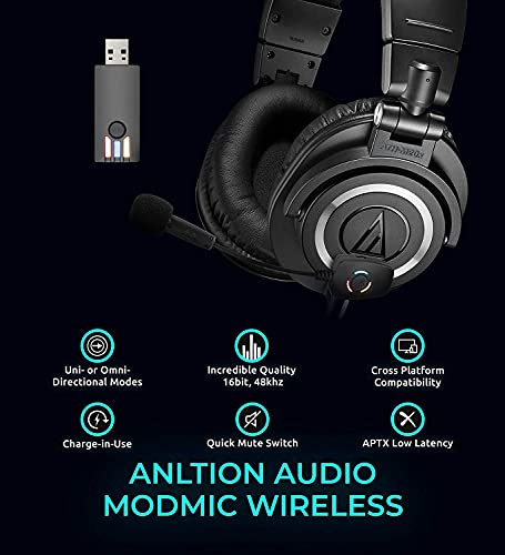 blucoil ATH-M20X Professional Studio Monitor Headphones, Black Bundle with Audio ModMic Wireless, 6' 3.5mm Audio Extension Cable, Headphone Amp, and Aluminum Headphone Hook