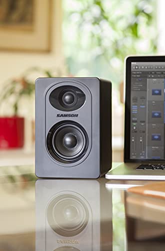 Samson MediaOne M30 3" Powered Studio Monitors with 3.5mm Outputs (Pair) Bundle with Blucoil Acoustic Isolation Pads (2-Pack), 12" Acoustic Wedges (4-Pack), and 5' Audio AUX Cable