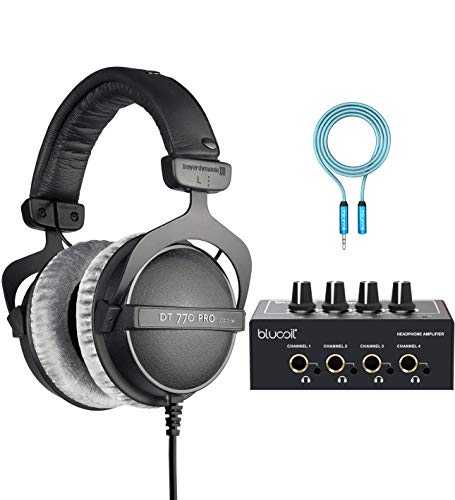 blucoil Beyerdynamic DT 770 PRO 250 Ohm Over-Ear Studio Headphones for Professional Studio Mixing Consoles and Audio Interfaces Bundle 4-Channel Headphone Amplifier, and 6' 3.5mm Extension Cable