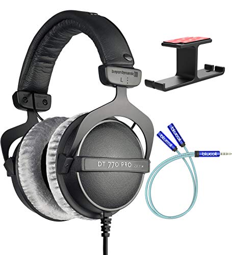 beyerdynamic DT 770 PRO 250 Ohm Closed-Back Studio Mixing Headphones Bundle with Blucoil Aluminum Dual Suspension Headphone Hanger, and Y Splitter for Audio and Mic