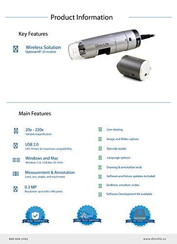 Dino-Lite Dino Lite USB Handheld Digital Microscope, 10x-220x Magnification 0.3MP/1.3MP/5.0MP True Resolution, Windows/Mac Software Included