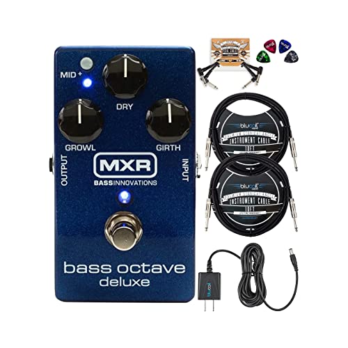 MXR M288 Bass Octave Deluxe Pedal Bundle with Blucoil Slim 9V 670ma Power Supply AC Adapter, 2-Pack of 10-FT Straight Instrument Cables (1/4in), 2x Patch Cables, and 4-Pack of Celluloid Guitar Picks