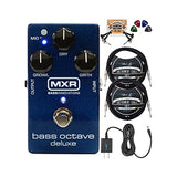 MXR M288 Bass Octave Deluxe Pedal Bundle with Blucoil Slim 9V 670ma Power Supply AC Adapter, 2-Pack of 10-FT Straight Instrument Cables (1/4in), 2x Patch Cables, and 4-Pack of Celluloid Guitar Picks